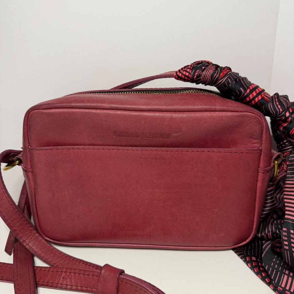 Portland Leather Goods Red Leather Crossbody Camera Bag with Scarf Accessory